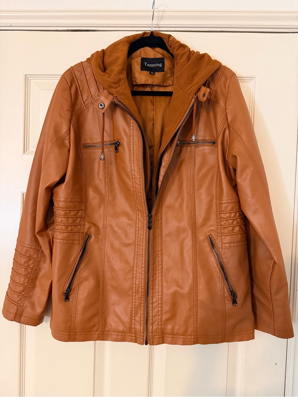 Women's Faux Leather Hooded Jacket in Cognac